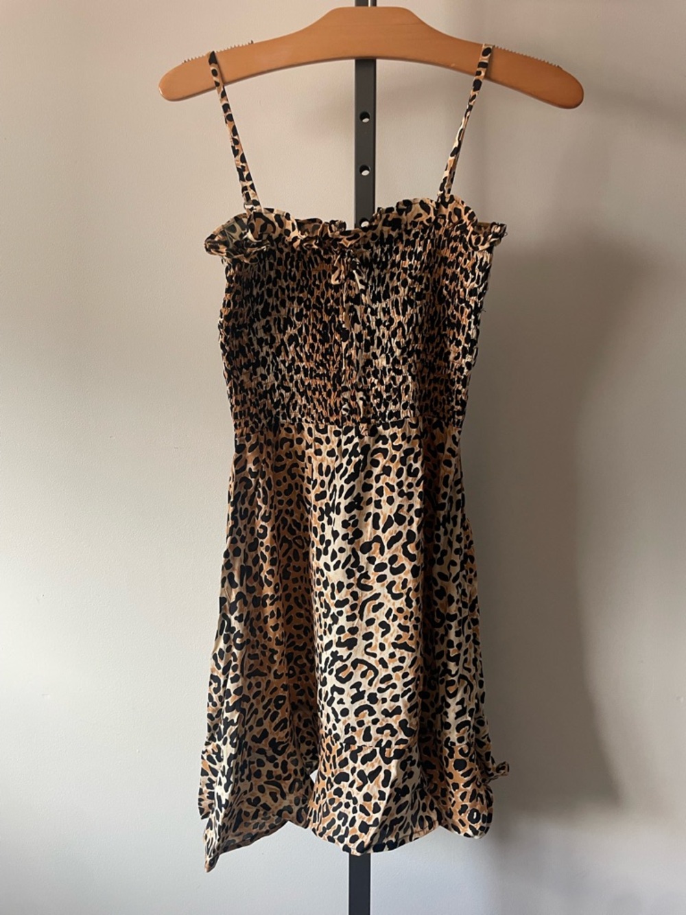 Faithfull The Brand Leopard Animal Print Ruffled Smocked Mini Dress Size 8